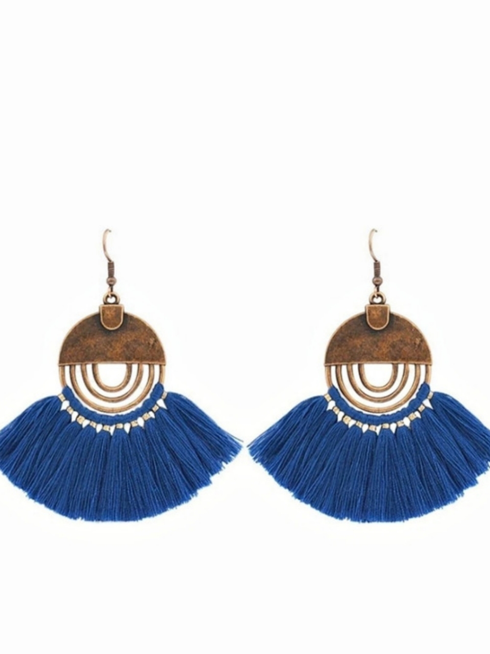 Bohemian Navy Blue Tassel Dangle Earrings - Antique Bronze Geometric